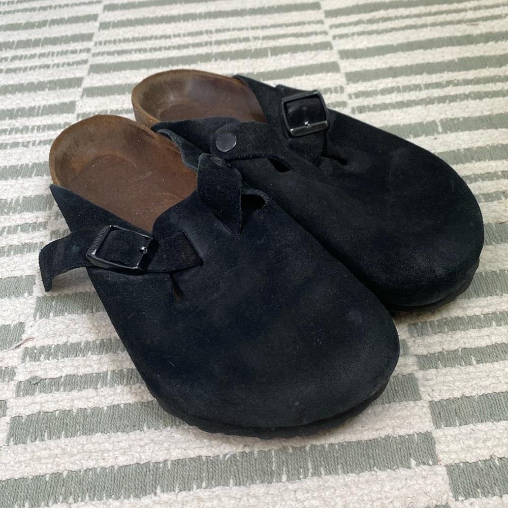 Birkenstock Boston Clog Shoes Black Genuine Suede Sandals Womens 37 US 6 6.5